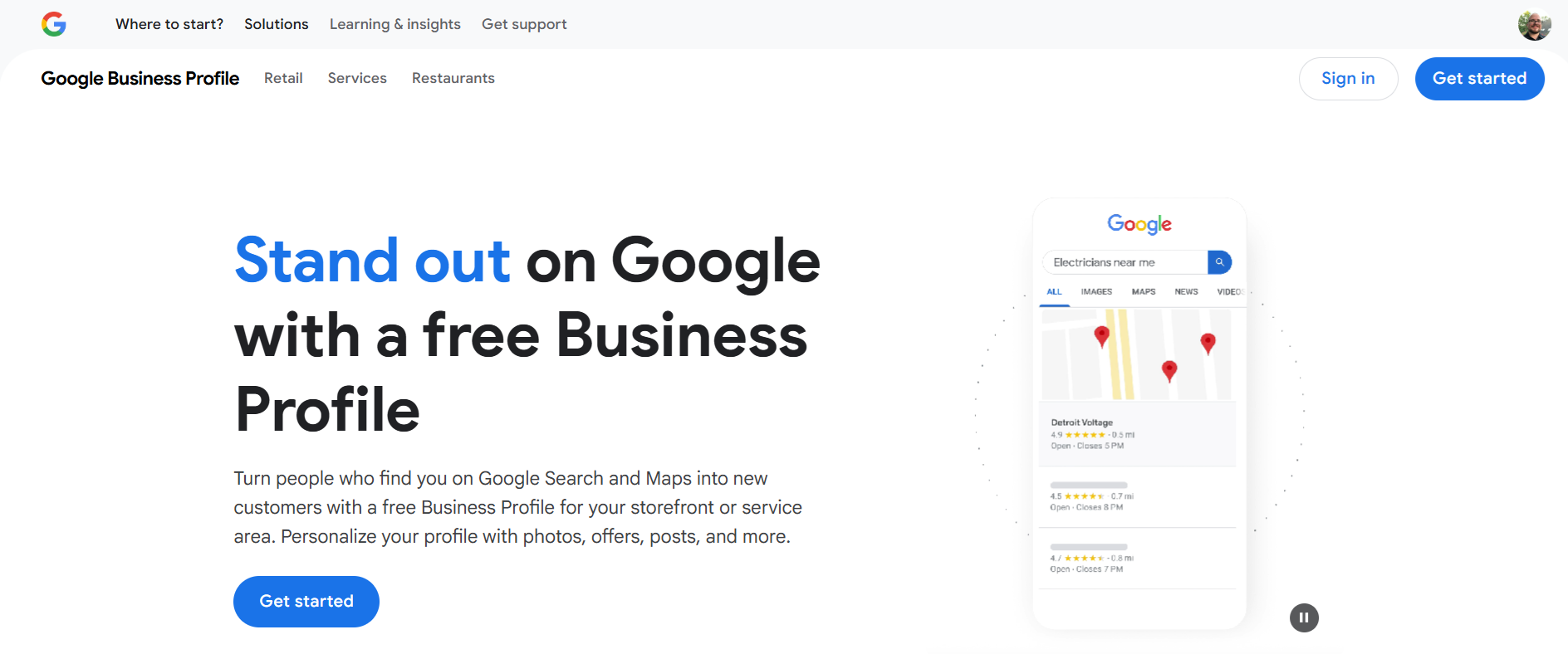 Google Business Profile sign-up page for new users