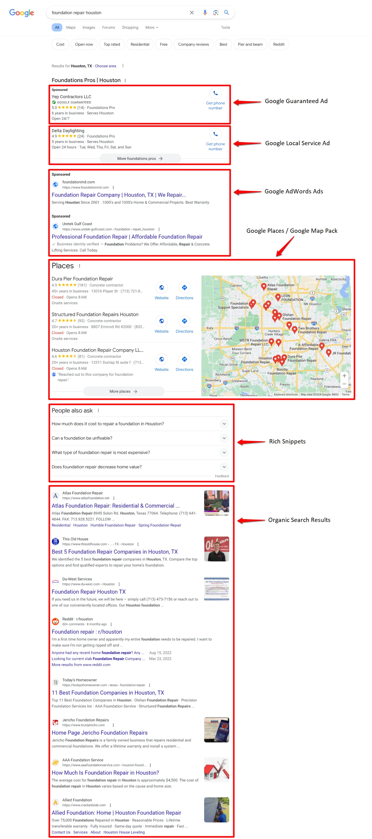 Example of Google Search Engine Results in Houston, TX for foundation repair